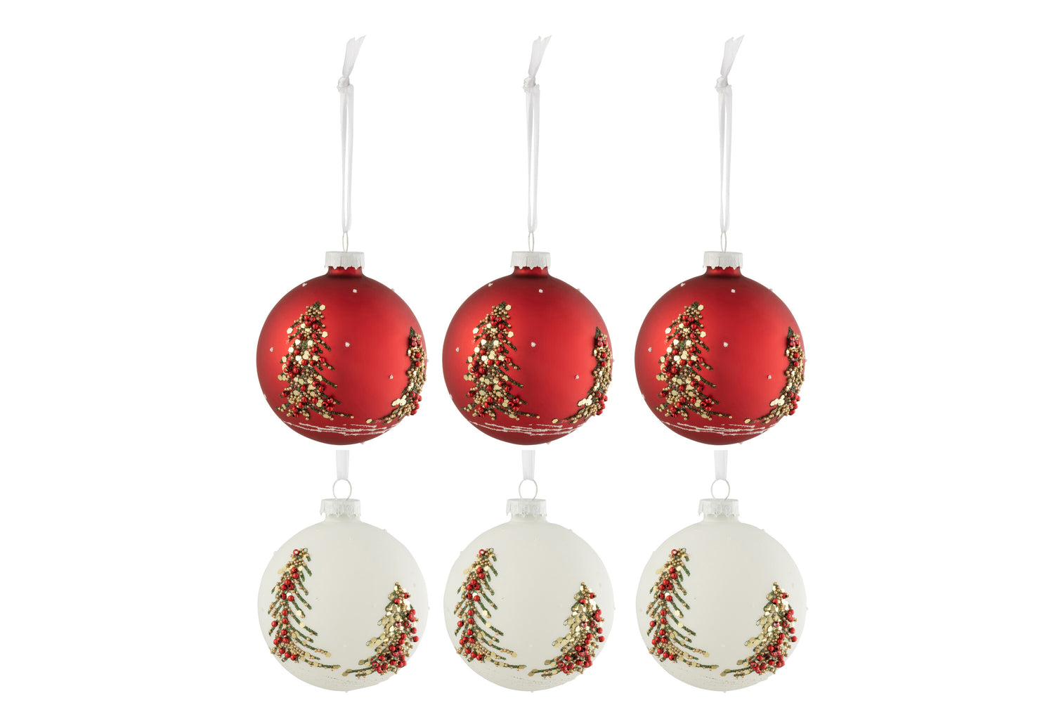J-Line kerstbal Kerstbomen Glitters - glas - wit|rood - smal