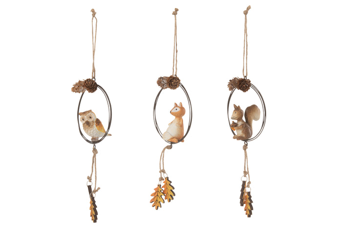J-Line hanger cirkel vos|uil|eekhoorn - metaal|hout - bruin|oranje - 3 stuks