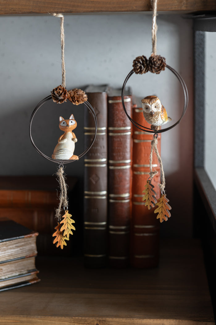 J-Line hanger cirkel vos|uil|eekhoorn - metaal|hout - bruin|oranje - 3 stuks