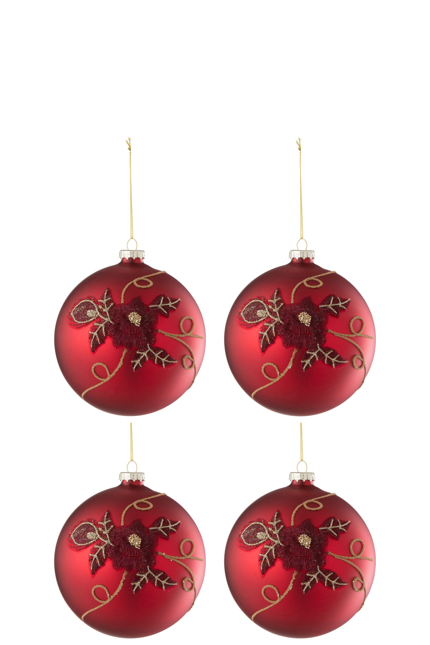 J-Line kerstbal Bloem - glas - rood - small - doos van 4