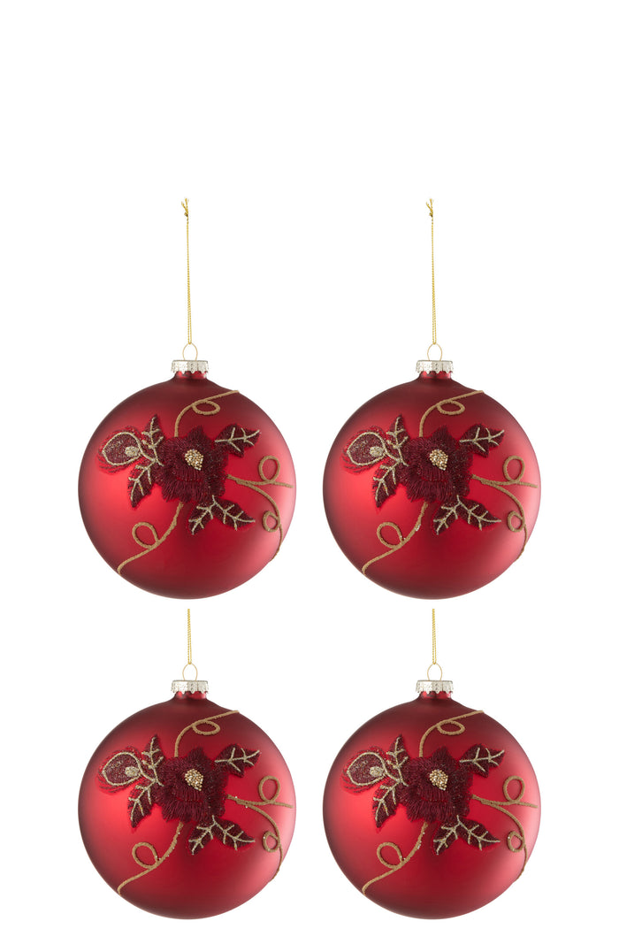 J-Line kerstbal Bloem - glas - rood - small - doos van 4