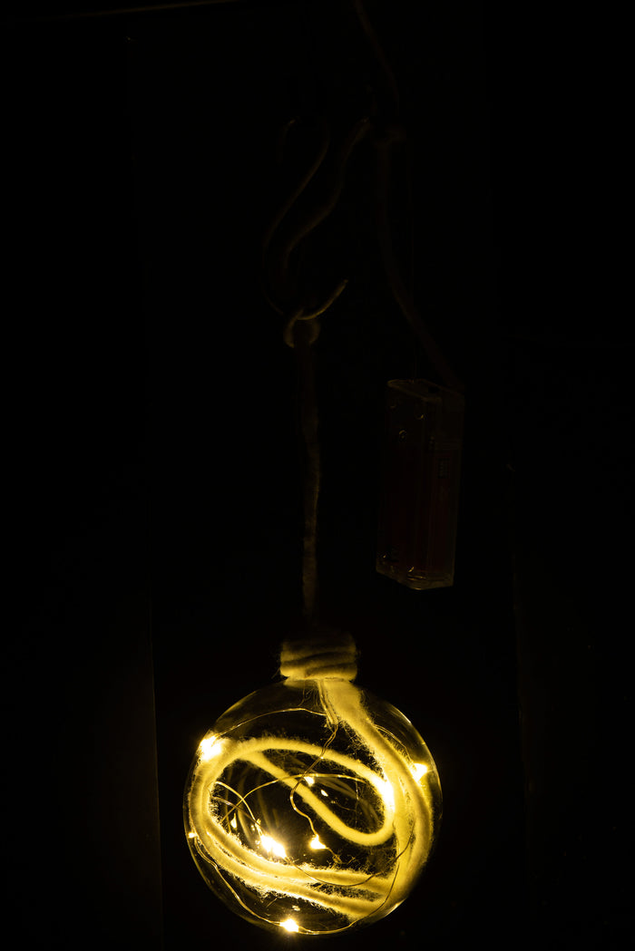 J-Line kerstbal - glas - klaar wit - medium - 6 stuks - LED lichtjes