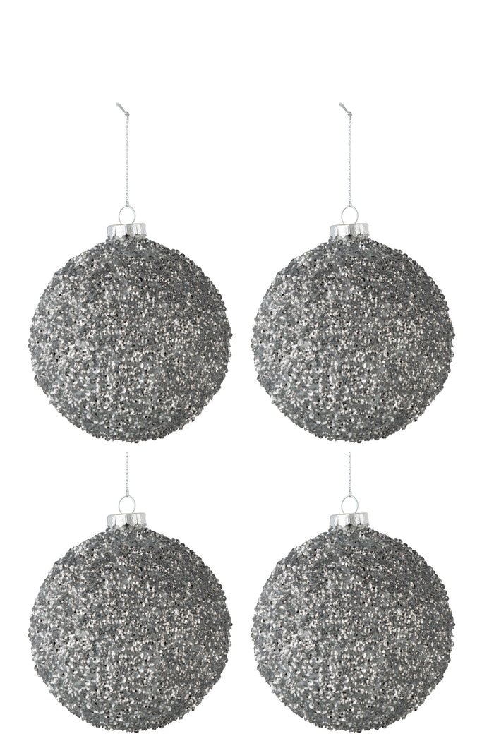 J-Line kerstbal Glitter - glas - smokey grijs - medium - doos van 4