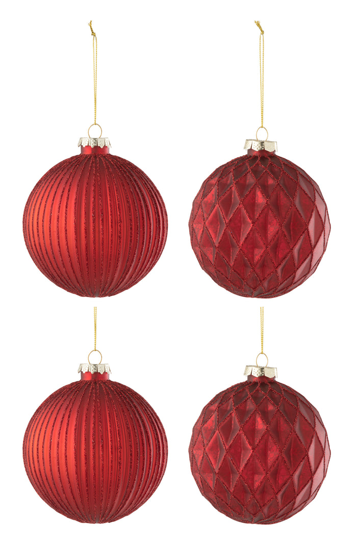 J-Line kerstbal Geribbeld|Ruit - glas - rood - large - doos van 4