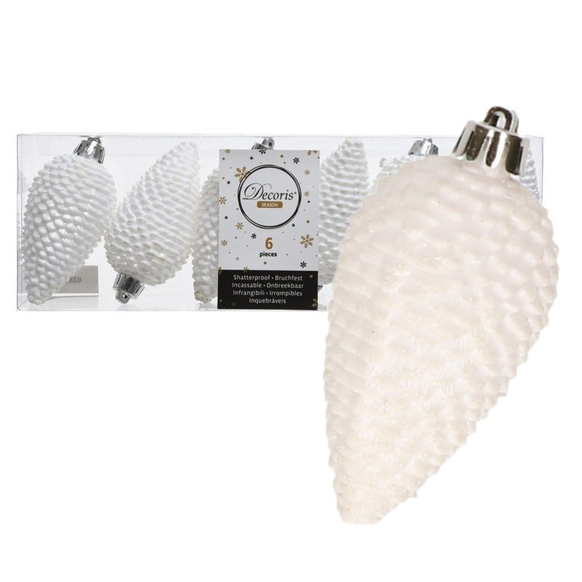 Decoris Kersthangers dennenappels - 6x - wit - glitter - 8 cm