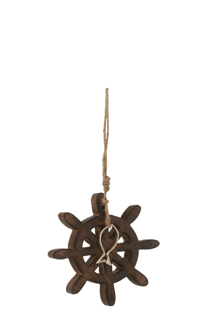 J-Line decoratie Roer Vis Mango - hout - donkerbruin - small