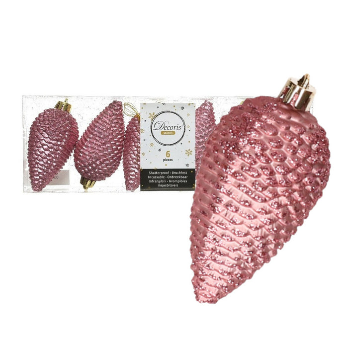 Decoris Kersthangers dennenappels - 6x - oudroze - glitter - 8 cm