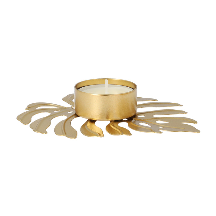 QUVIO Waxinelichthouder op een blad - 12,5 x 10 x 2 cm - Metaal - Goud