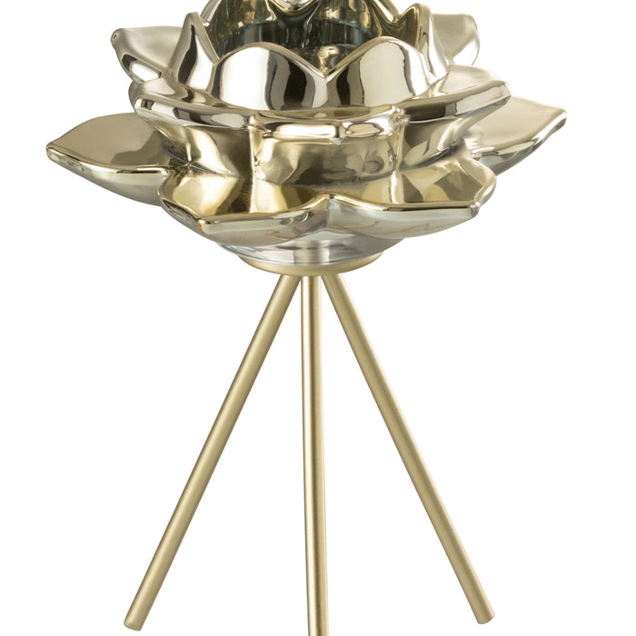 J-Line theelichthouder op voet Bloem - glas - goud - large