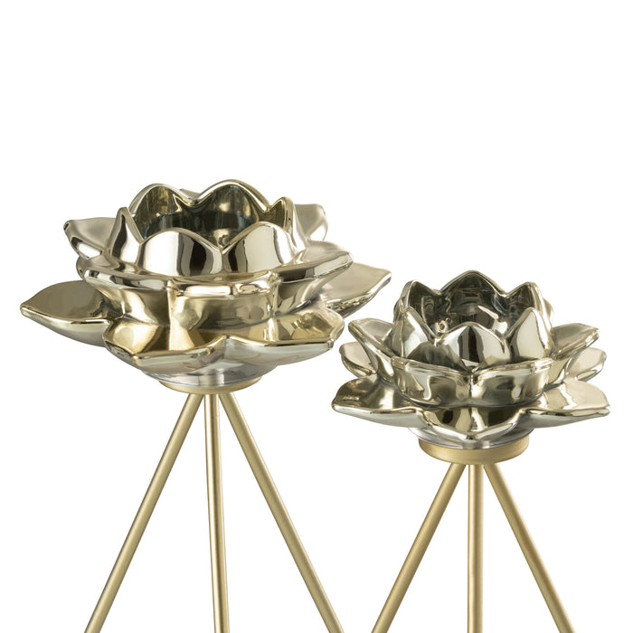 J-Line theelichthouder op voet Bloem - glas - goud - large