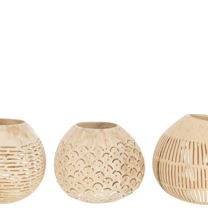 J-Line theelichthouder Kokosnoot Lijnen - jute - naturel - 3 stuks