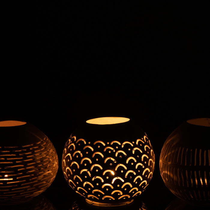 J-Line theelichthouder Kokosnoot Lijnen - jute - wit - 3 stuks