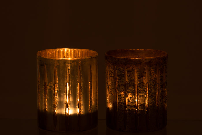 J-Line windlicht Streep - glas - blauw - medium - 2 stuks