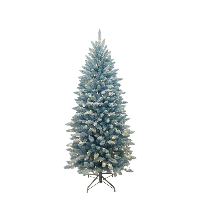 Funky Baby Blue Flocked verlichte kunstkerstboom - 213 cm -