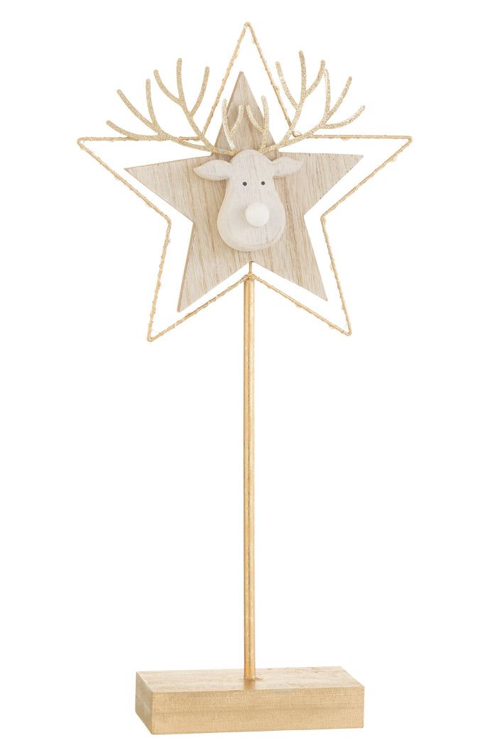 J-Line decoratie Rendier|Ster op voet - hout - goud|wit - LED - large