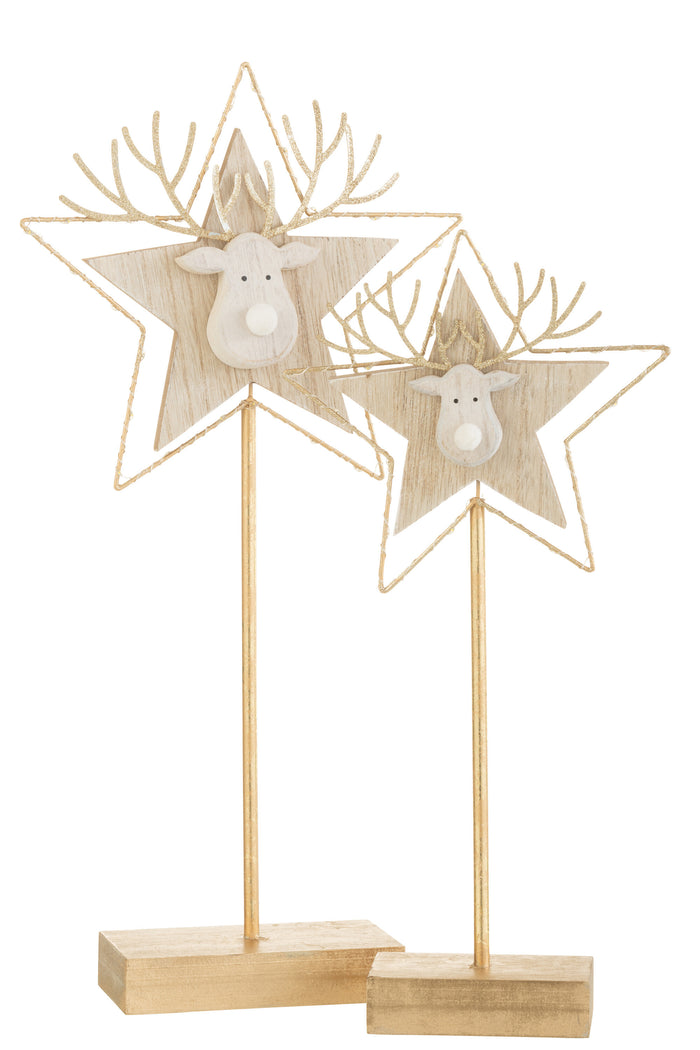 J-Line decoratie Rendier|Ster op voet - hout - goud|wit - LED - large