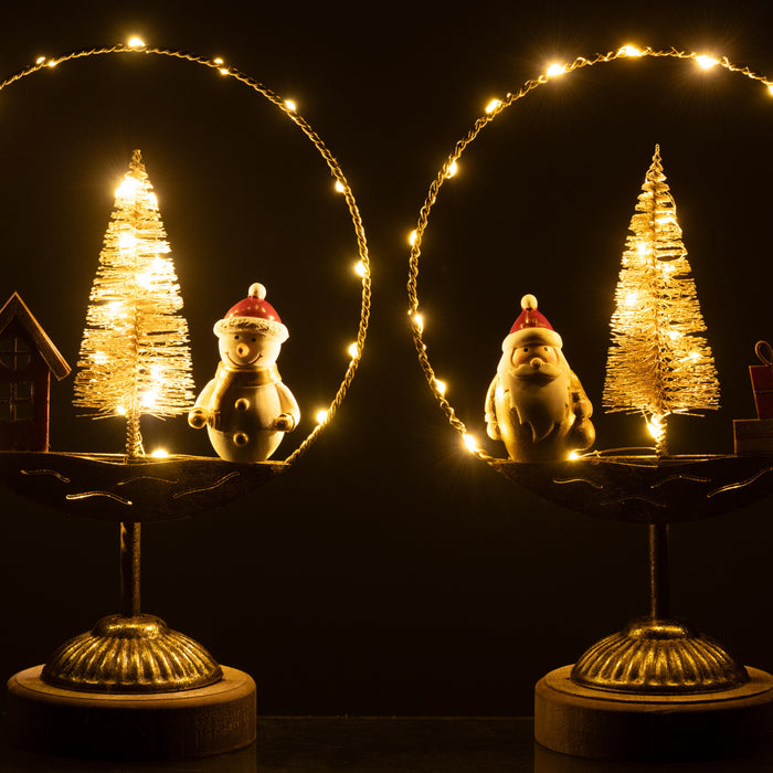 J-Line decoratie Cirkel Kestman|Sneeuwman - goud|roest - 2 stuks - LED