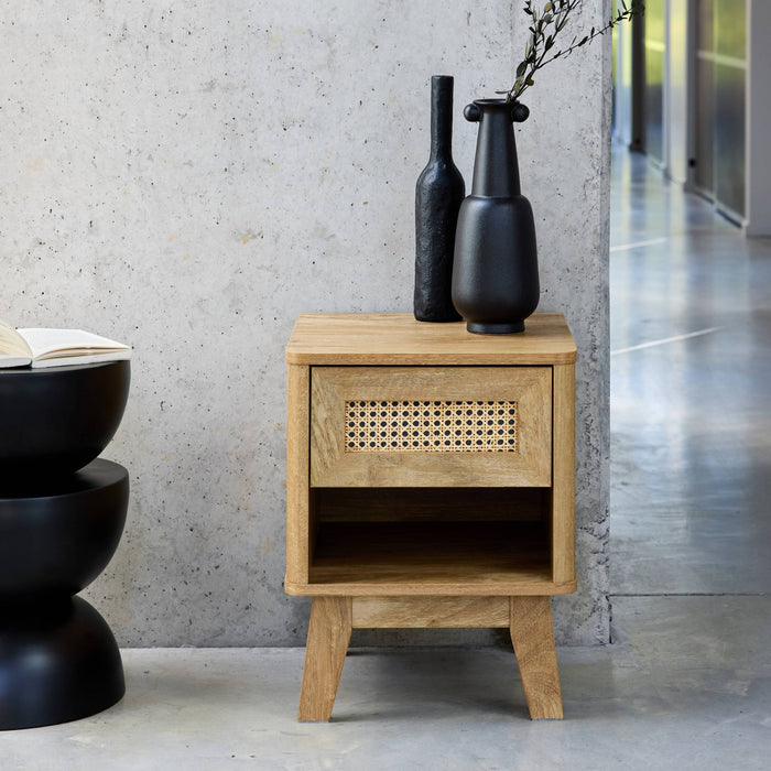 sweeek - Nachtkastje met lade en vak, houtdecor en rieteffect