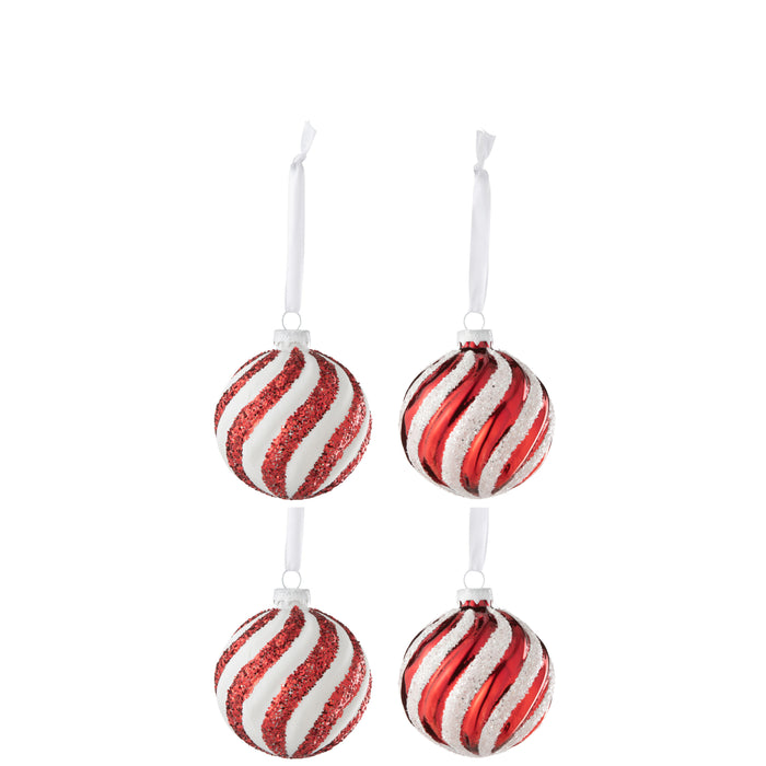 J-Line kerstbal Lijnen - glas - wit|rood - small - doos van