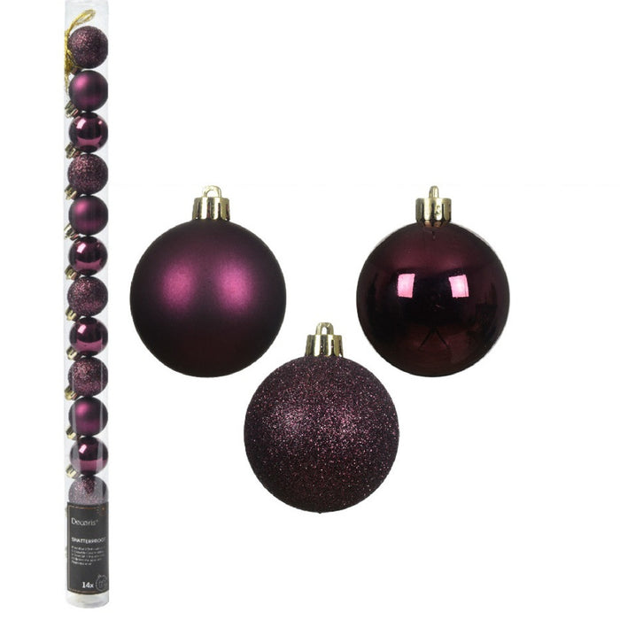 Decoris Mini kerstballen - 14x- donkerpaars - D3 cm - kunststof