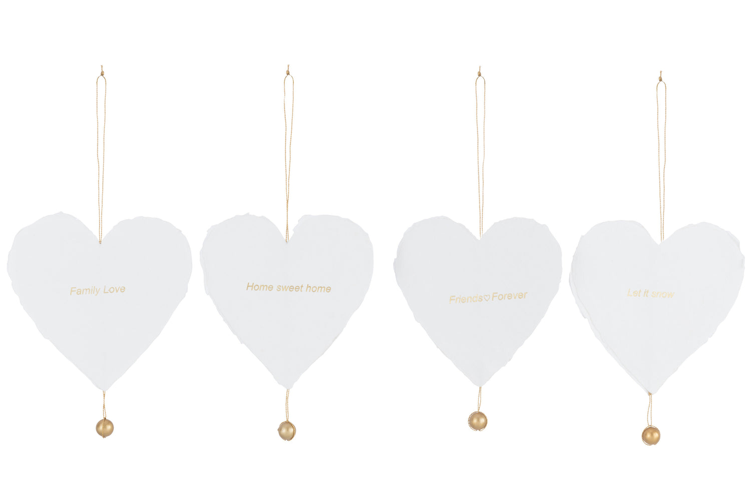 J-Line hanger Hartjes 4 tekst - katoen maché - wit|goud - doos van 5