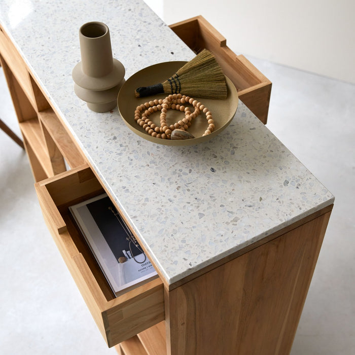 Tikamoon - Miho - Teak en premium terrazzo White bijzettafel