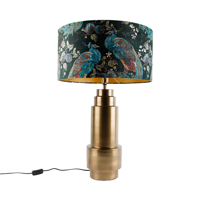 QAZQA Tafellamp brons velours kap pauw groen met goud 50 cm - Bruut