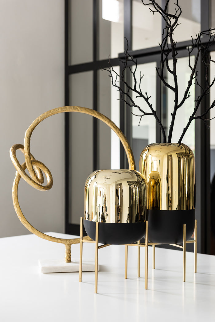 J-line - Windlicht Op Voet Glas Zwart|goud Small - 20x20x27cm