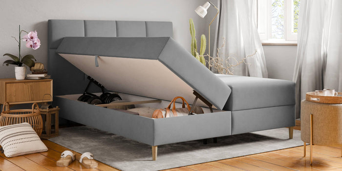by fonQ Novae Boxspring  met Opbergruimte - 160 x 200 cm - Grijs / Naturel