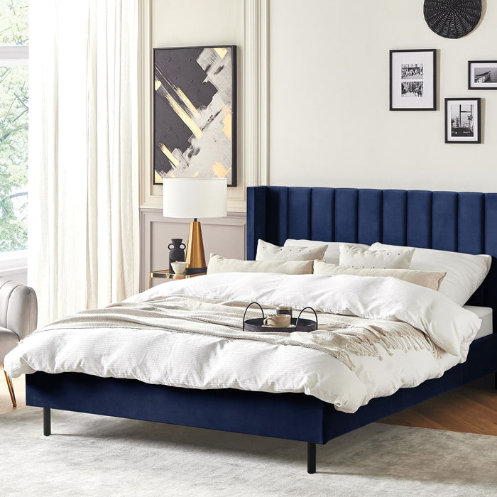 Beliani-VILLETTE-Tweepersoonsbed-Marineblauw-160 x 200 cm-Fluweel