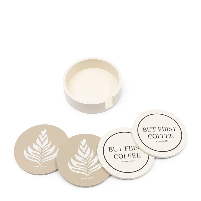 Riviera Maison Onderzetters beige met houder - But First Coffee 4 stuk