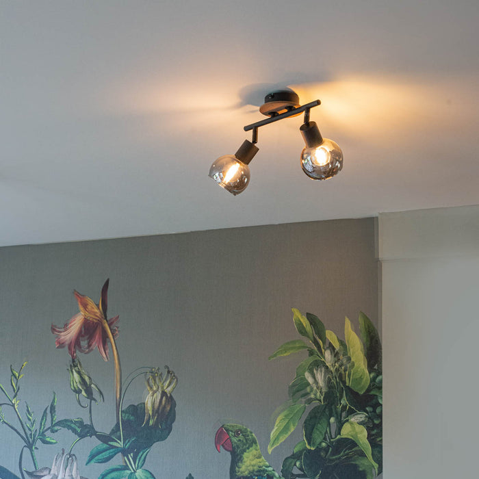 QAZQA Plafondlamp zwart met smoke glas en hout 2-lichts - Vidro