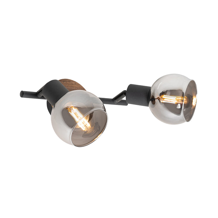 QAZQA Plafondlamp zwart met smoke glas en hout 2-lichts - Vidro