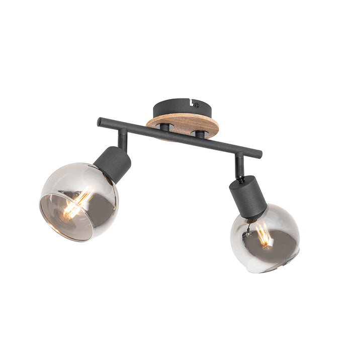 QAZQA Plafondlamp zwart met smoke glas en hout 2-lichts - Vidro
