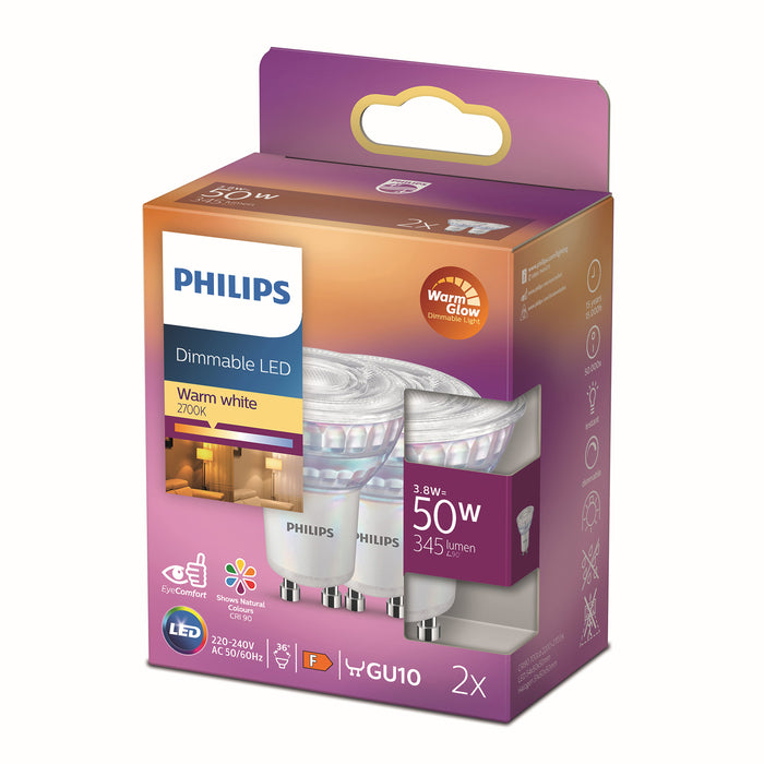 Energiezuinige Philips LED Spot - 50 W - GU10 - Dimbaar warmwit licht - 2 stuks - Bespaar op energiekosten