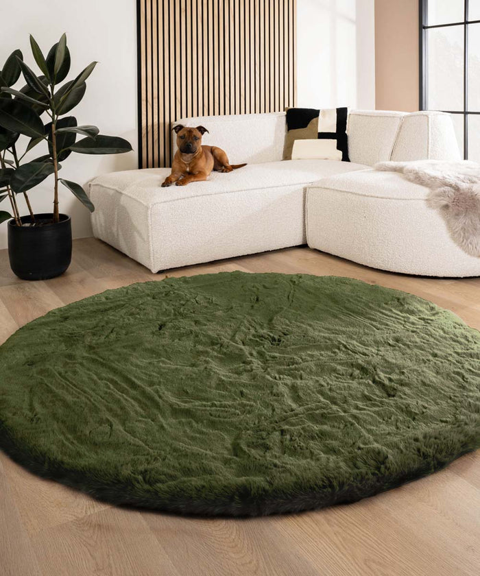 Tapeso Fluffy vloerkleed rond - Comfy Deluxe olijfgroen - 80 cm rond