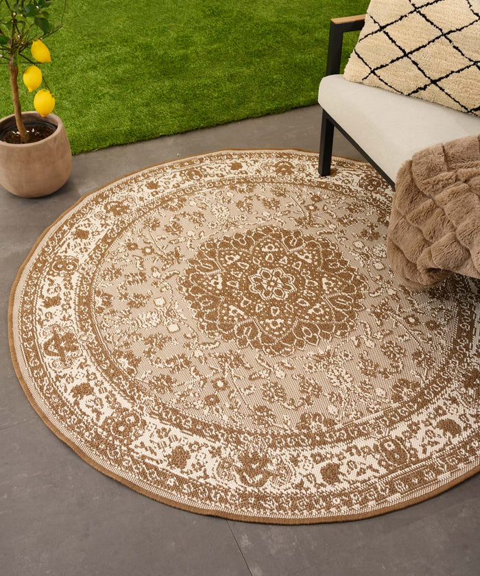 Tapeso Rond Vintage buitenkleed - Flip Agnes lichtbruin - 200 cm rond