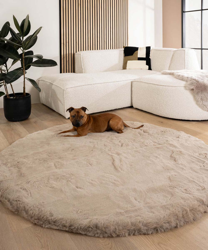 Tapeso Fluffy vloerkleed rond - Comfy Deluxe taupe - 230 cm