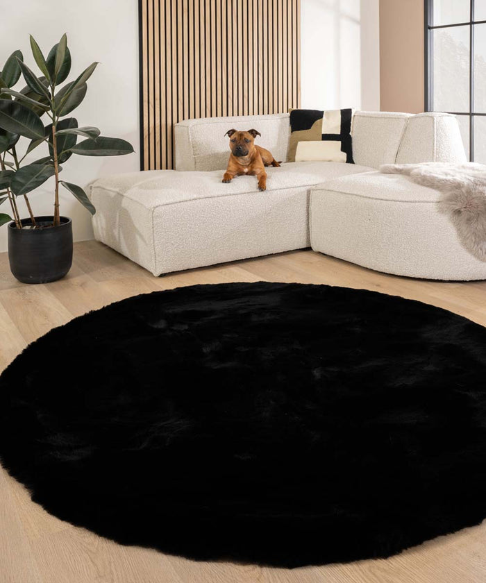 Tapeso Fluffy vloerkleed rond - Comfy Deluxe zwart - 120 cm