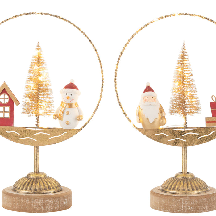 J-Line decoratie Cirkel Kestman|Sneeuwman - goud|roest - 2 stuks - LED