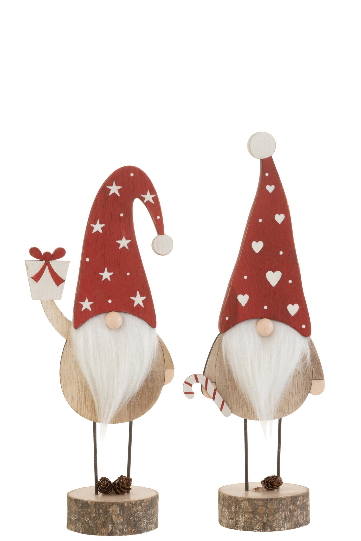 J-Line kerstfiguur Kerstman Hoed Hart|Ster - hout - rood|wit - large - 2 stuks