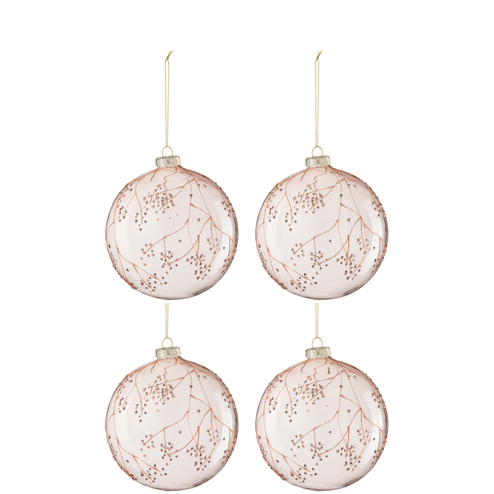 J-Line kerstbal Takken - glas - lichtroze - large - doos van 4