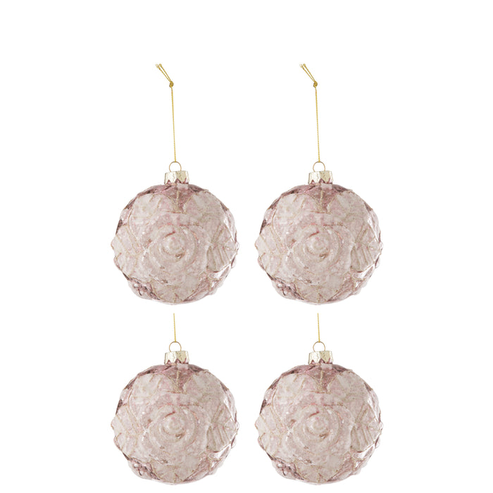 J-Line kerstbal Motief Roos Pailletten - glas - lichtroze - large - doos van 4
