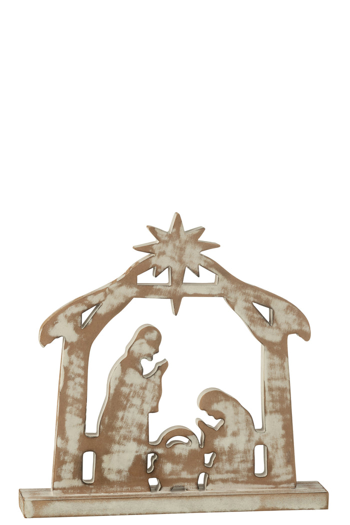 J-Line decoratie kerststal - mangohout - wit|naturel - large