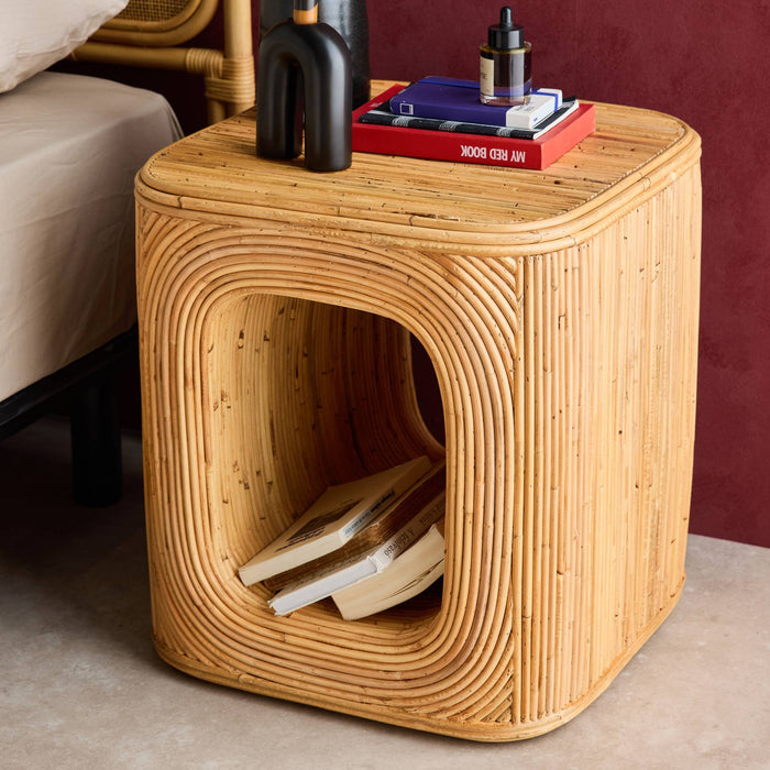 sweeek - Bijzettafel, nachtkastje met vak, natuurlijk rotan (Set van