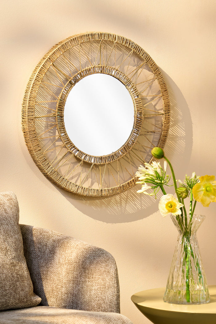 Mica Decorations Ludy Wandspiegel - H5 x Ø60 cm - Jute - Lichtbruin