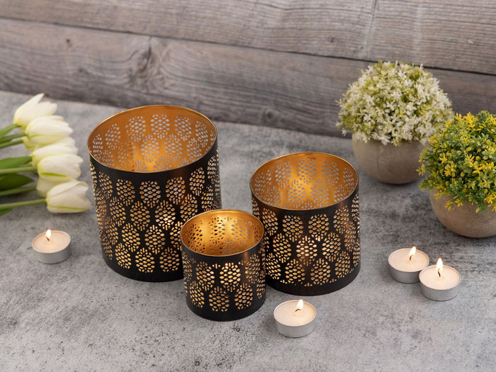 SVJ Windlicht - 14x14x14 cm - Metaal - Zwart - Set van 3