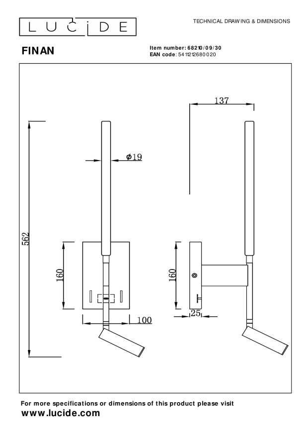 Lucide FINAN Wandlamp - Zwart