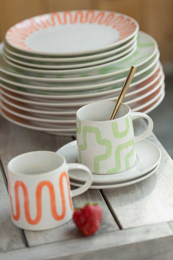 J-Line kop + schoteltje Curve - porselein - oranje - 4 stuks