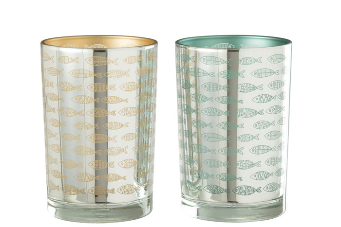 J-Line windlicht Vissen - glas - beige|blauw - large - 2 stuks